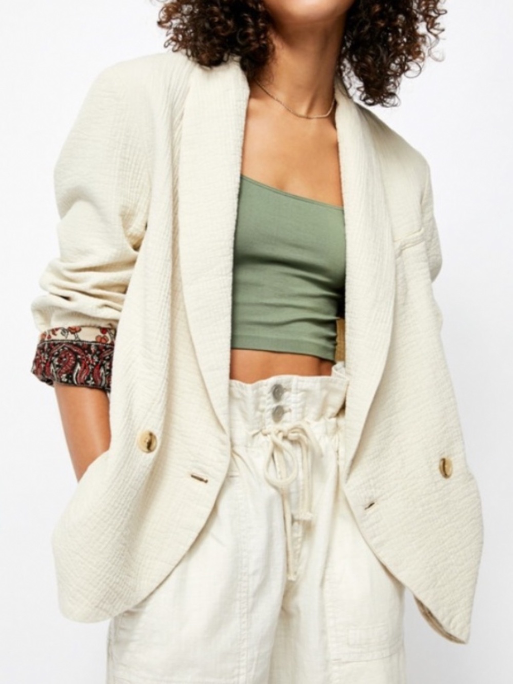 NEW Free People Rowan Blazer Crepe Textured Lightweight Jacket Printed Cuffs Med